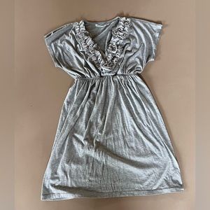 Gray ruffle v neck knee length t shirt dress